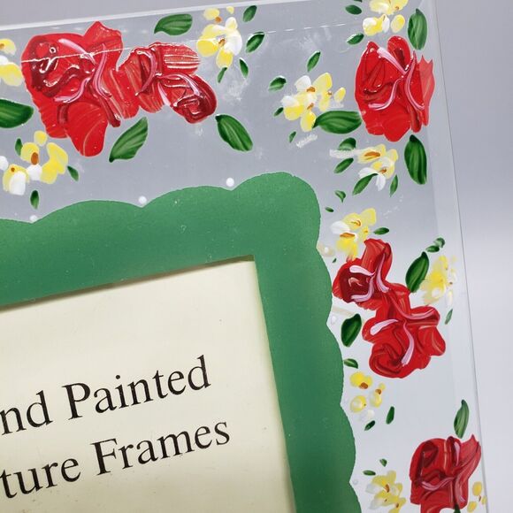 Square Beveled Glass Picture Frame w Hand Painted Red Roses Floral Enamel Table - Picture 5 of 8